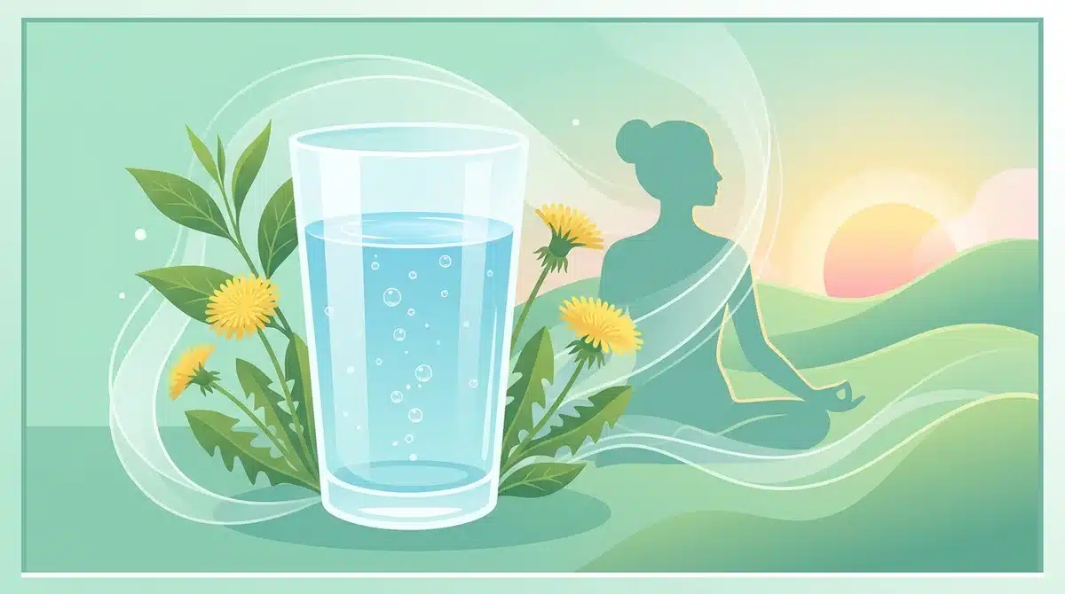 Illustration guide régime détox 2026 : verre d'eau, thé vert et silhouette yoga pour purifier le corps naturellement.