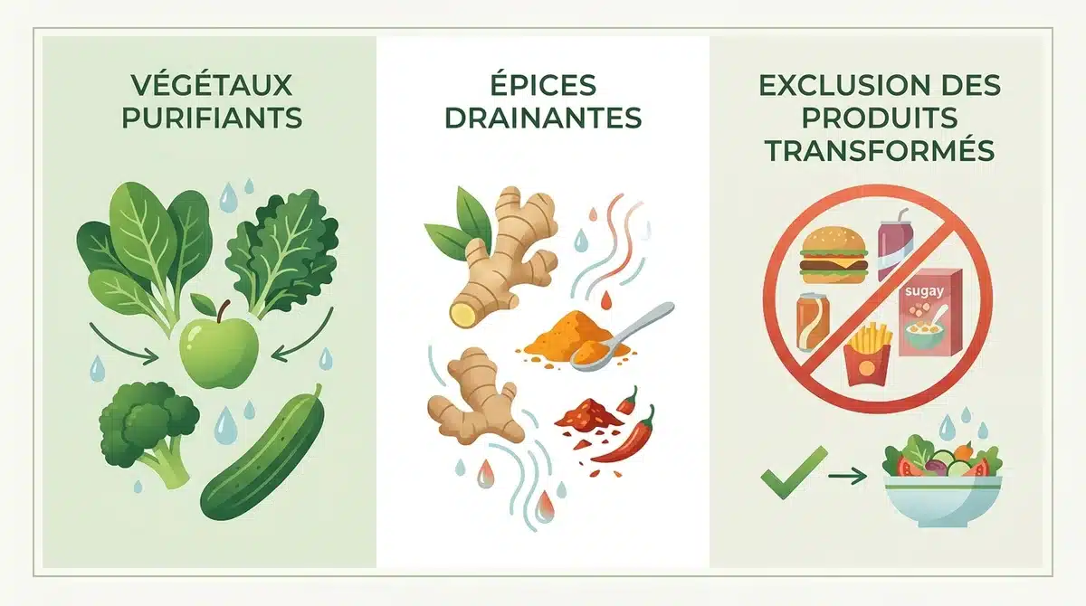Infographie minimaliste des piliers de la détox : végétaux purifiants, épices drainantes et zéro produit transformé.