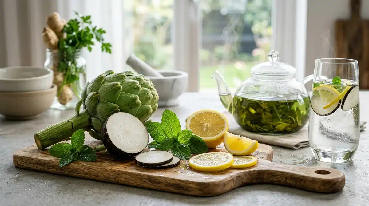 Ingrédients naturels détox : artichaut, radis noir et citron pour purifier le corps lors d'un régime.