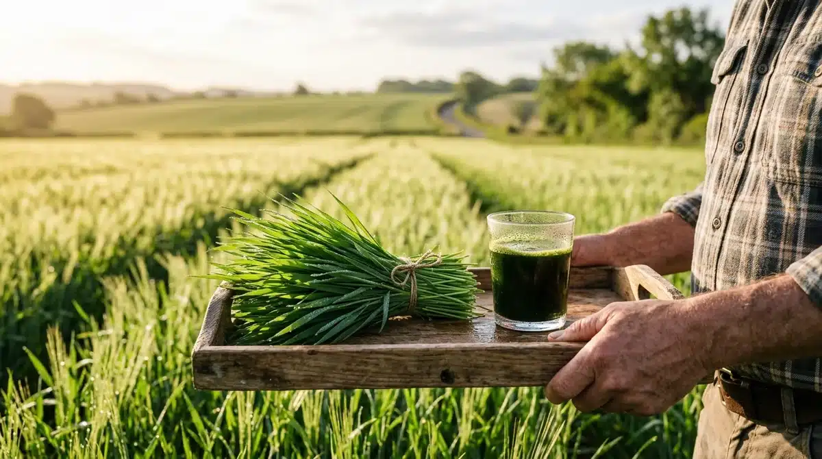 Récolte d'herbe d'orge fraîche et jus vert pressé à froid sur un plateau en bois dans un champ bio au soleil.