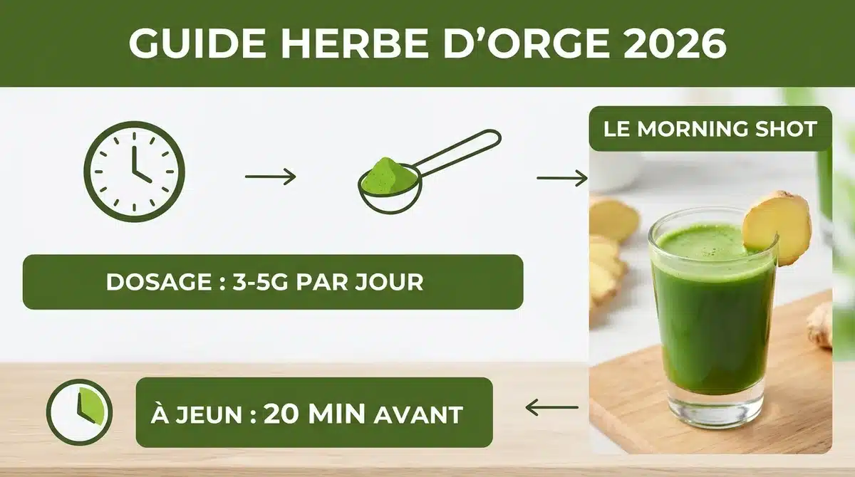 Infographie guide herbe d'orge 2026 : posologie de 3-5g par jour et recette morning shot à jeun le matin.
