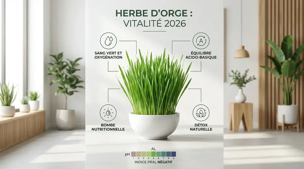 Bienfaits de l'herbe d'orge : infographie sur la vitalité, détox, nutrition et équilibre acido-basique en 2026.