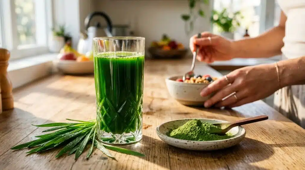Verre de jus d'herbe d'orge vert et poudre fine pour un rituel bien-être et santé naturel.