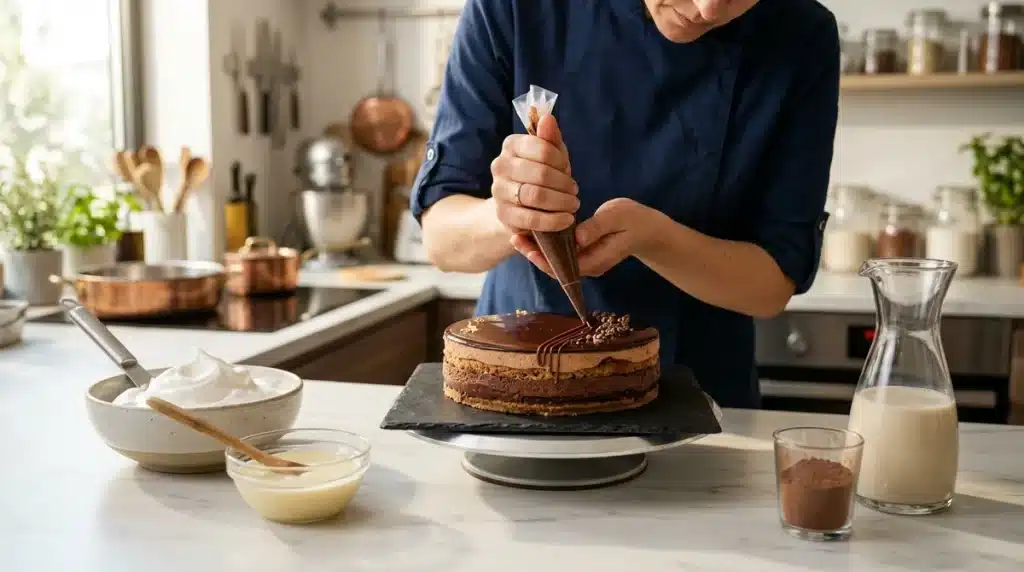 Chef pâtissier décorant un entremets vegan avec substituts de lait, œufs et beurre sur marbre.