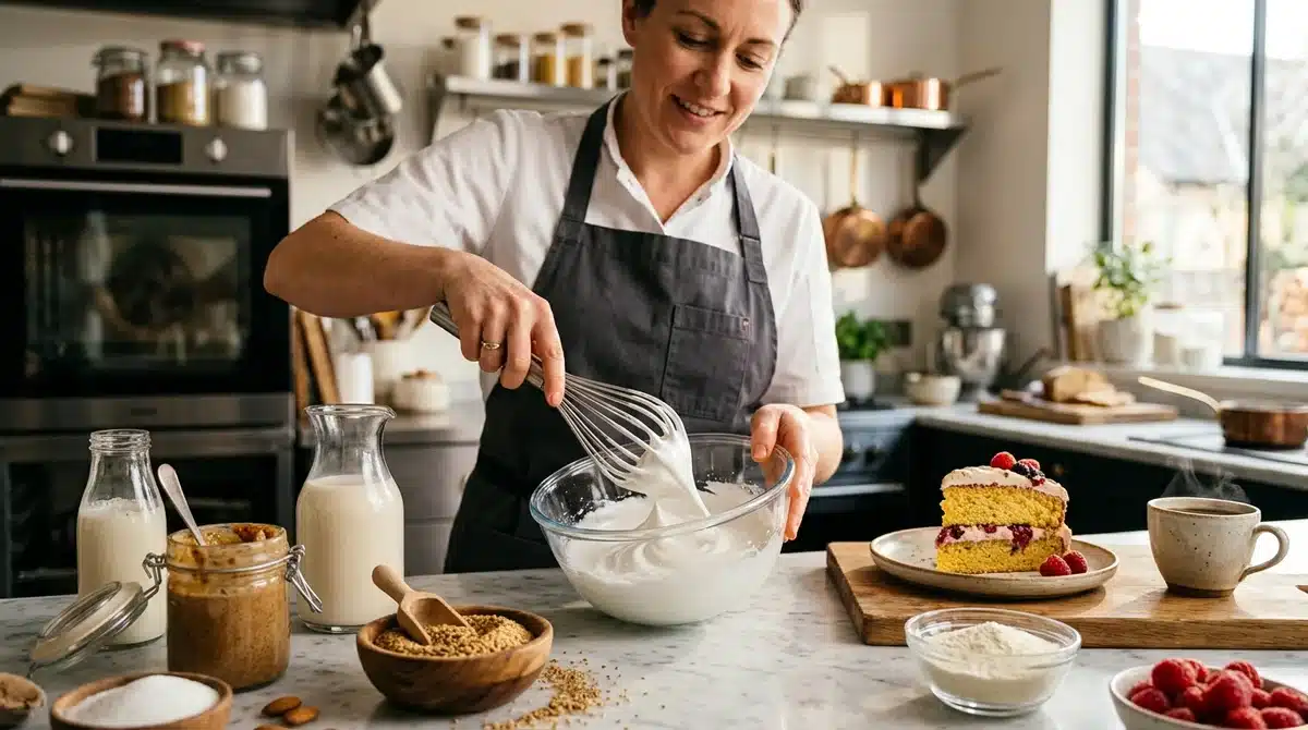 Chef pâtissier préparant une recette vegan avec de l'aquafaba, du lait de soja et des substituts naturels.
