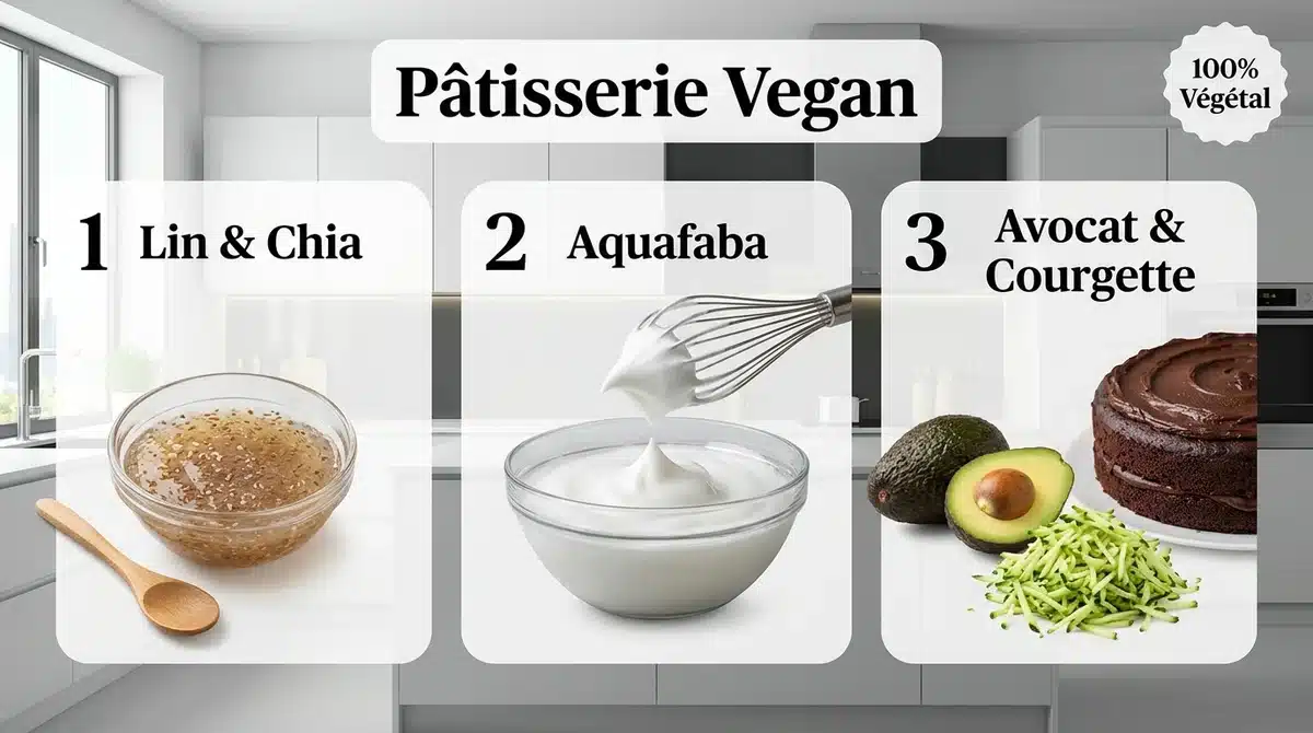 Infographie des substituts en pâtisserie vegan : lin, chia, aquafaba, avocat et courgette pour œufs et beurre.