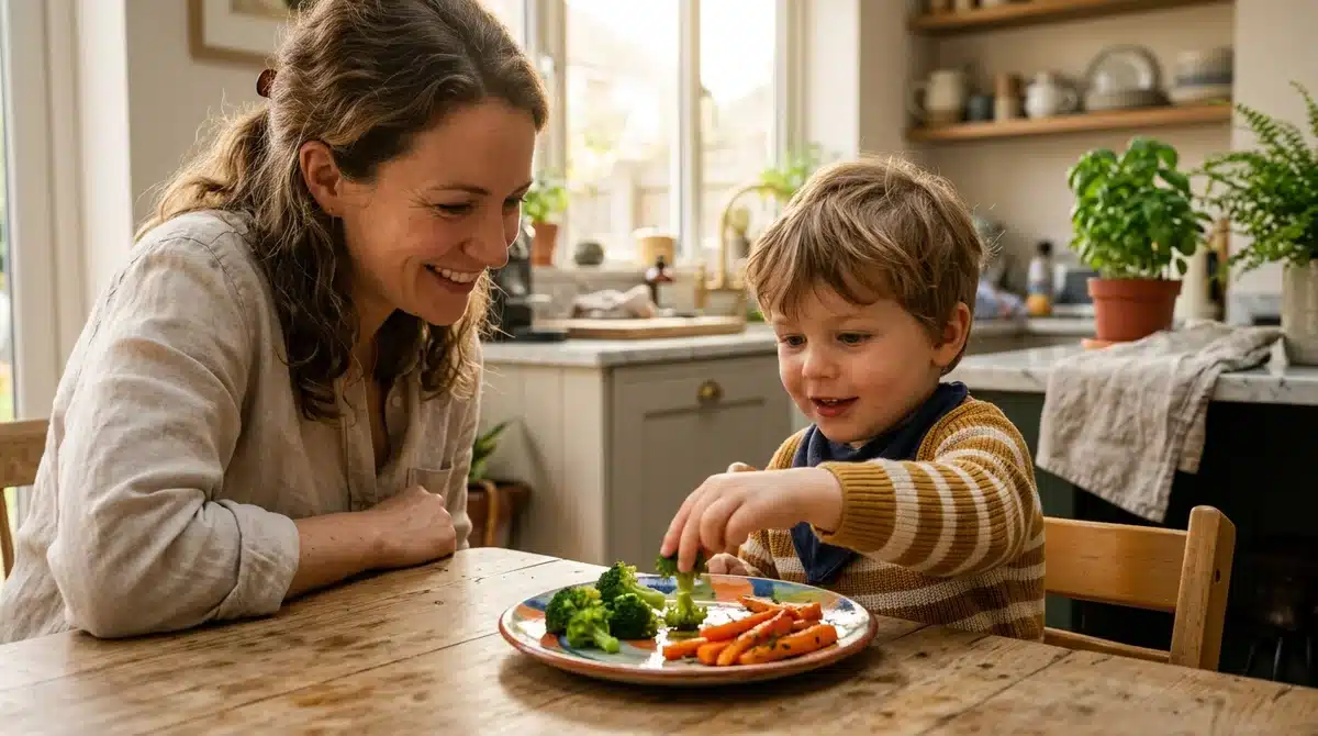 Enfant découvrant du brocoli et des carottes avec son parent, une astuce pour lui faire manger des légumes.