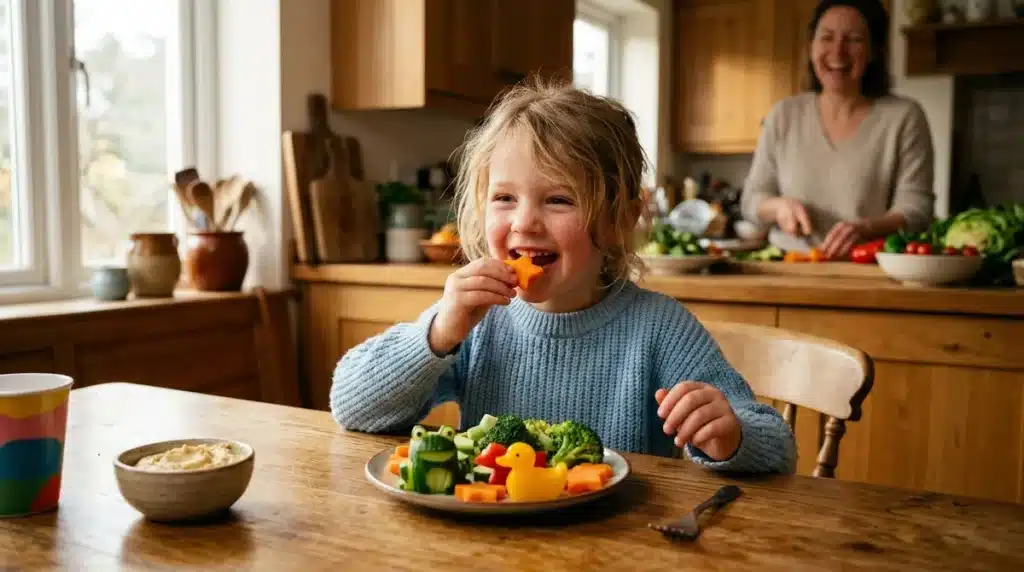 Un enfant mange avec plaisir des legumes en forme d'animaux pour une alimentation saine et variee.