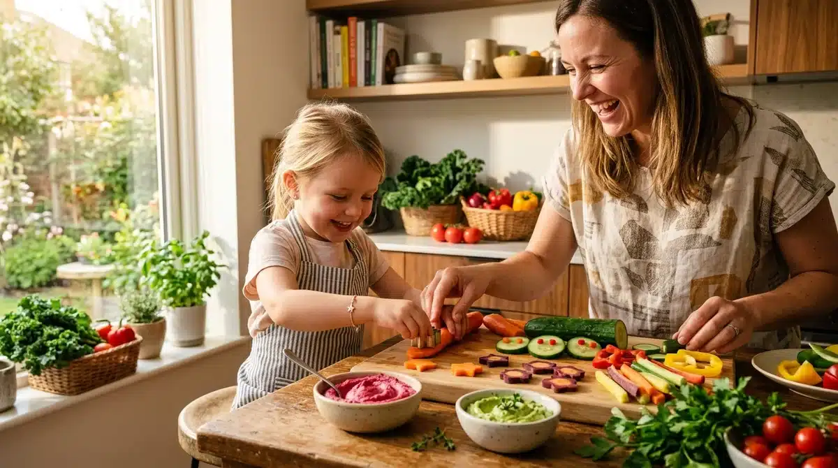 Enfant découpant des carottes en étoiles pour apprendre à aimer les légumes avec son parent dans une cuisine.