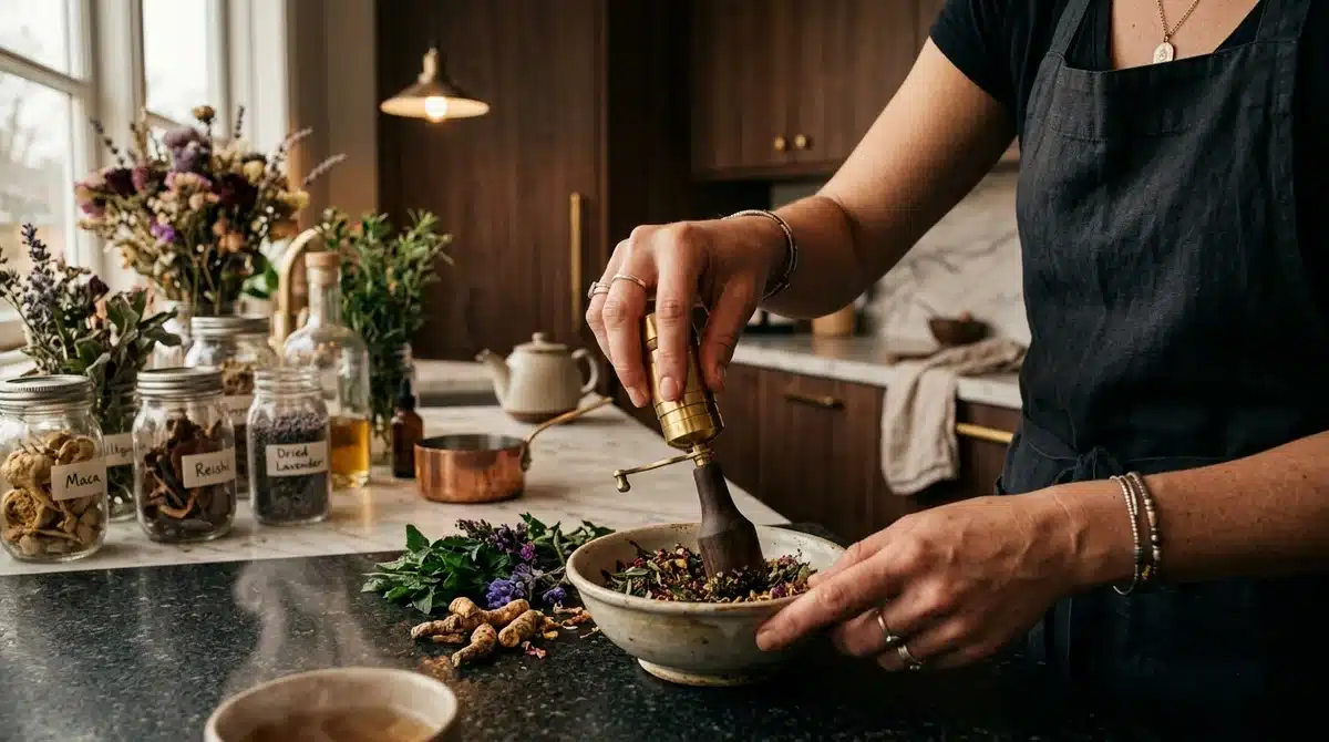 Préparation de recettes aphrodisiaques avec racines botaniques et plantes méconnues dans une cuisine moderne.