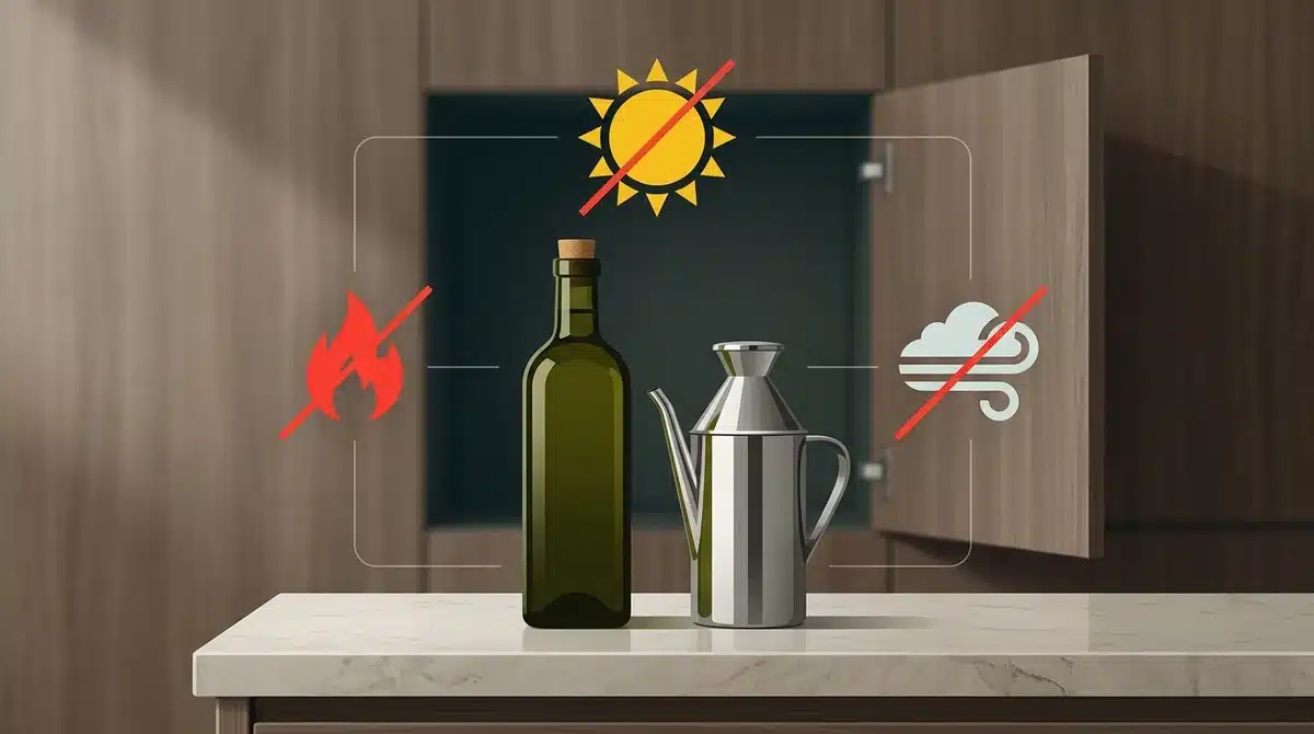 Infographie sur la conservation de l'huile d'olive : protéger de la lumière, chaleur et air pour cuisiner sainement.