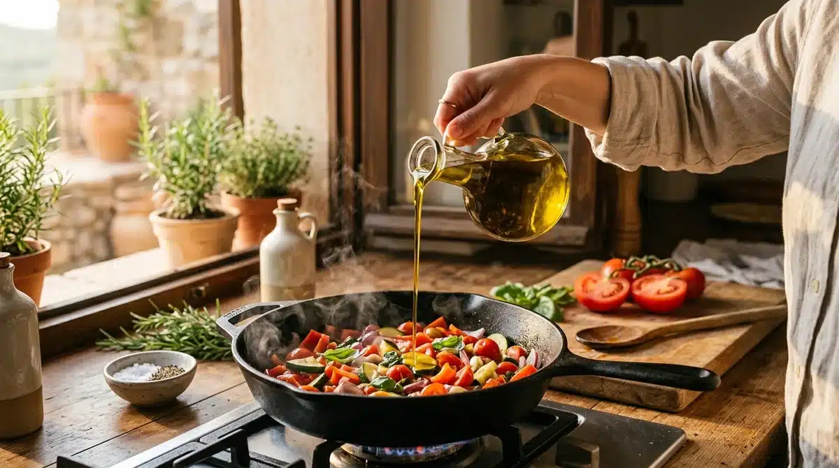 Huile d'olive extra vierge versée sur des légumes pour une cuisson saine dans une cuisine méditerranéenne.