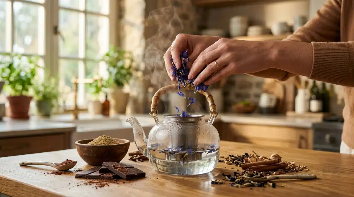 Préparation d'une infusion de lotus bleu, ingrédient aphrodisiaque méconnu pour une recette culinaire originale.