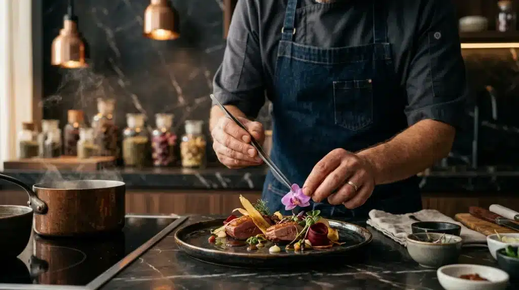 Chef dressant un plat gastronomique avec des ingrédients aphrodisiaques rares et fleurs comestibles pour une recette.