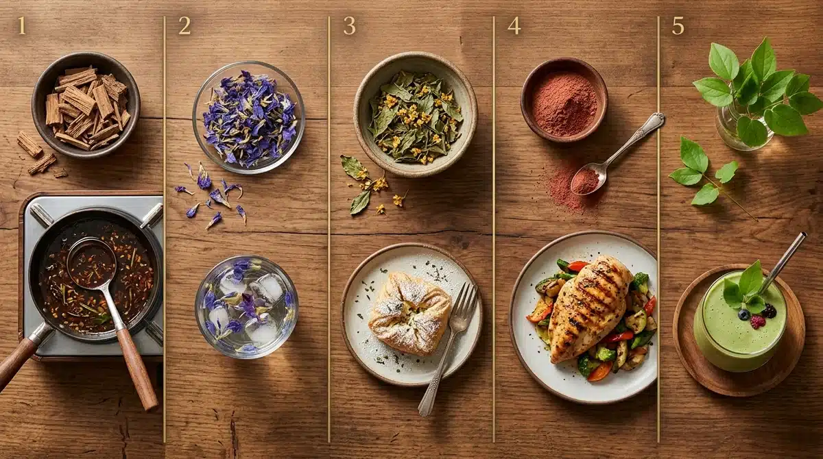 Infographie d'aphrodisiaques naturels pour recettes : Muira Puama, Damiana et Lotus bleu en cuisine.