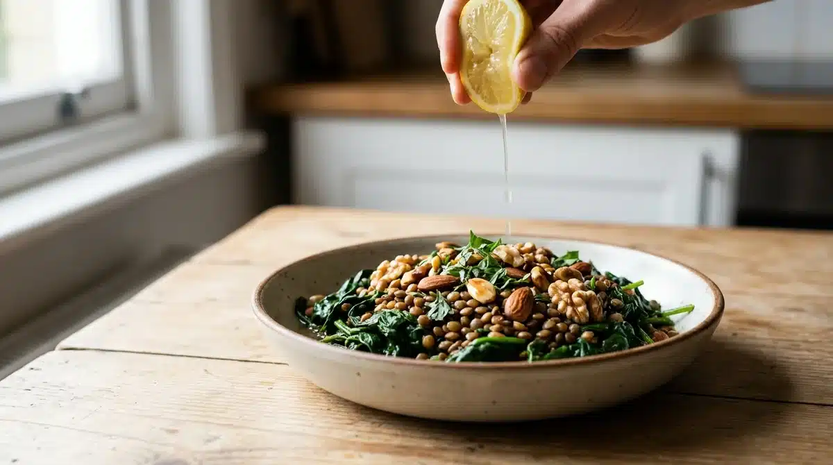 Plat équilibré riche en fer avec épinards, lentilles et noix, arrosé de citron pour lutter contre la carence en fer.