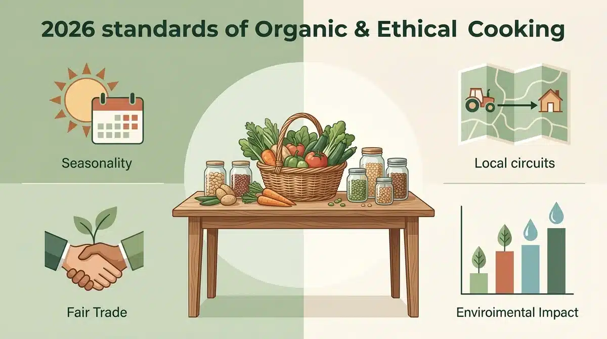 Infographie 2026 des piliers de la cuisine bio et éthique : saisonnalité, circuits courts et commerce équitable.
