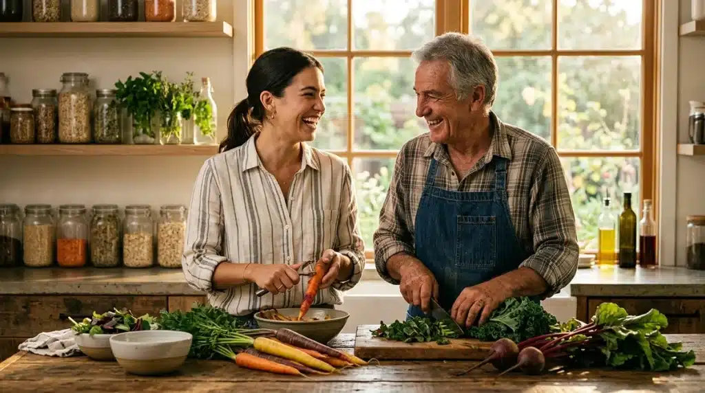 Cuisine bio et éthique : femme et producteur préparant des légumes anciens dans une cuisine lumineuse et écologique.