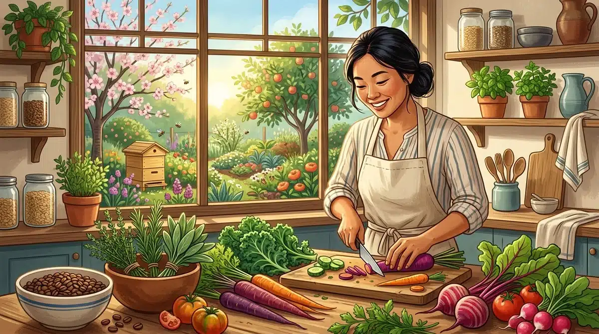 Chef préparant des légumes bio et éthiques dans une cuisine écoresponsable avec vue sur un jardin en agroforesterie.