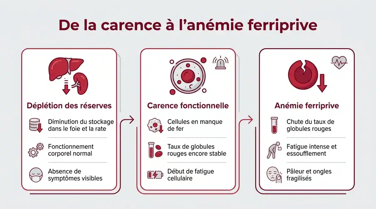 Infographie explicative des 3 stades de la carence en fer, de la déplétion des réserves à l'anémie ferriprive.
