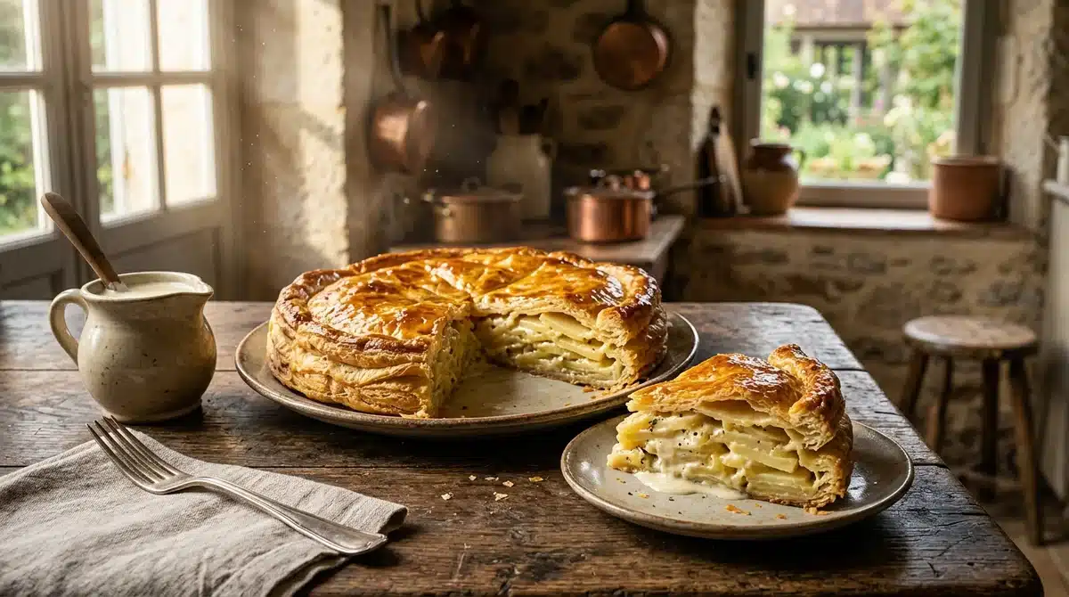 Pâté aux pommes de terre de la Creuse à la crème fraîche dans une cuisine rustique, pâte dorée et fondante.