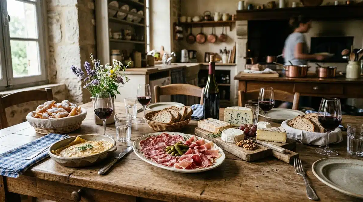 Table rustique avec charcuteries, fromages Fourme d'Ambert et Brique du Forez, matefaim et bugnes de la Loire.