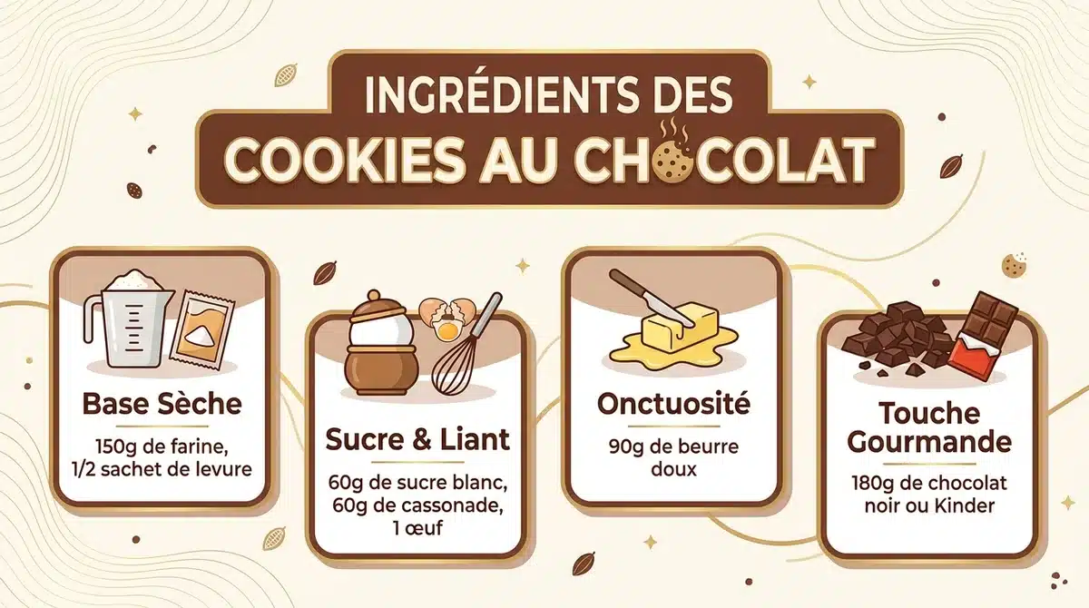 Infographie résumant la liste des ingrédients nécessaires pour préparer de délicieux cookies au chocolat.