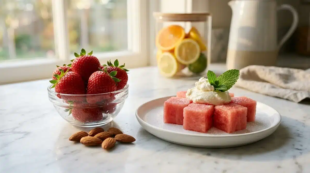 Snack sain de fraises et pastèque, parmi les fruits les moins caloriques, sur un plan de travail en marbre.