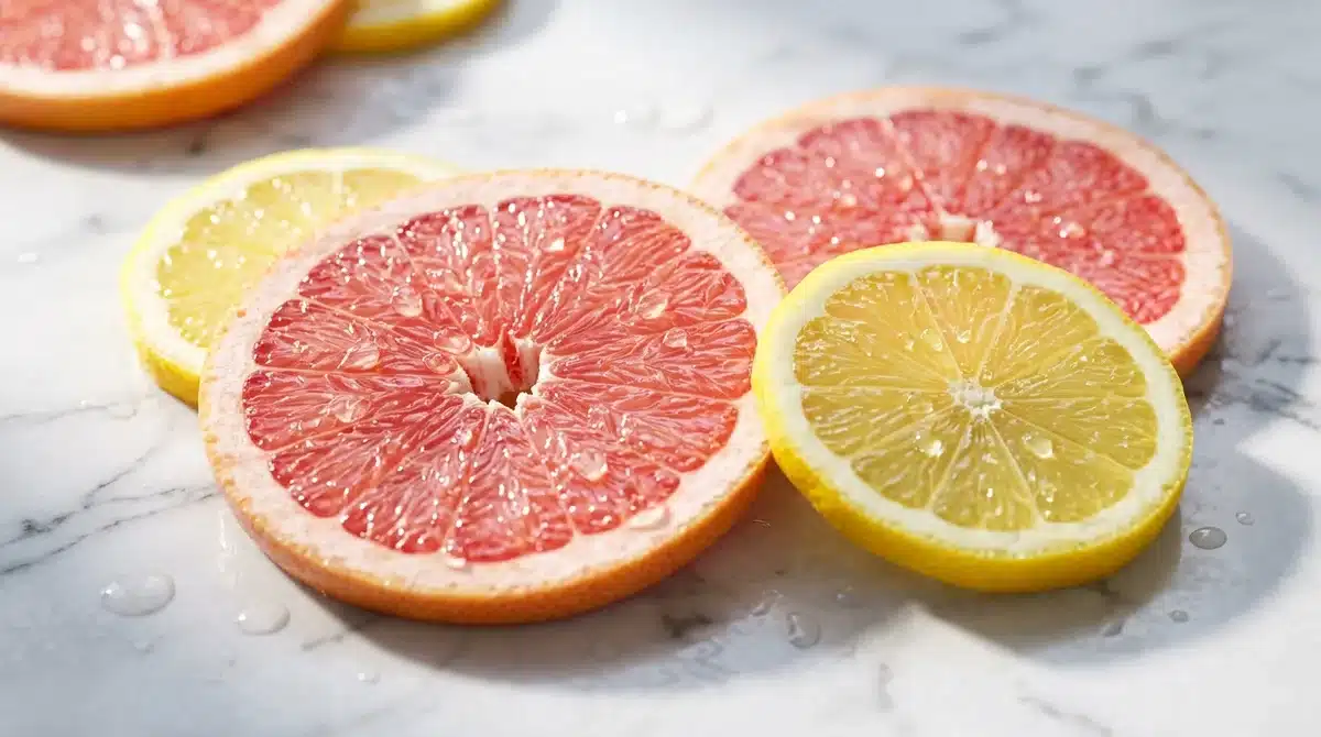 Tranches de pamplemousse et citron frais, fruits peu caloriques et sains pour un guide nutritionnel.