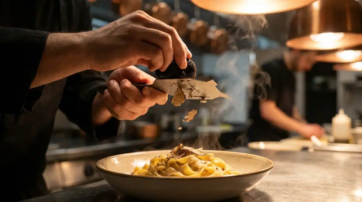 Chef râpant une truffe noire fraîche sur un plat de pâtes crémeuses dans une cuisine de restaurant gastronomique.