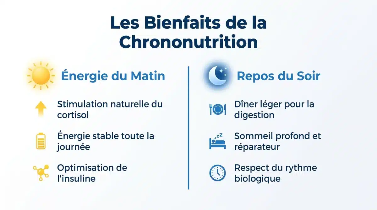 Infographie sur les bienfaits de la chrononutrition sur l'énergie du matin et le sommeil du soir.