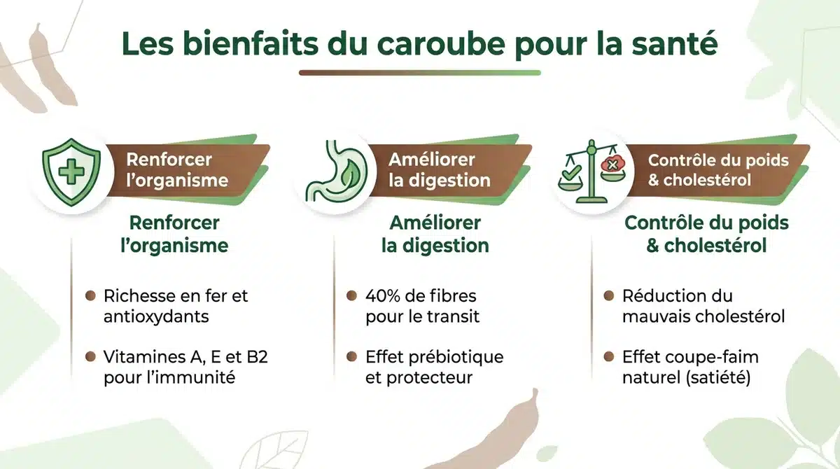 Infographie présentant les trois grands bienfaits du caroube pour la santé, la digestion et le poids.