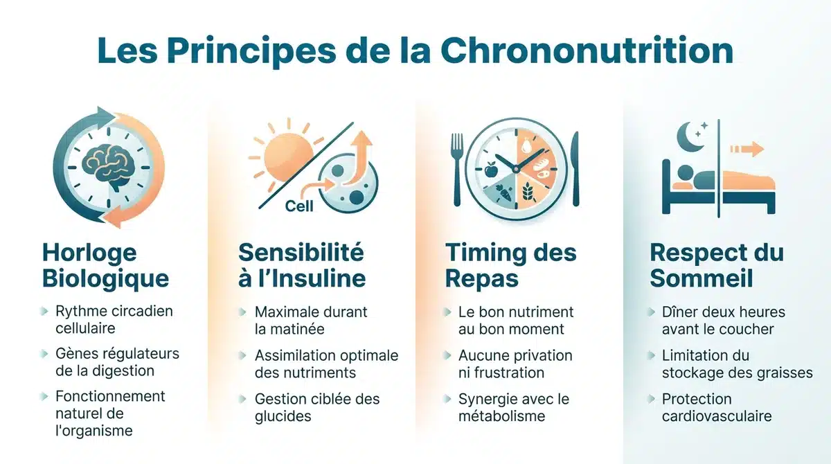 Infographie expliquant les principes de la chrononutrition et l'impact du rythme circadien sur le métabolisme.