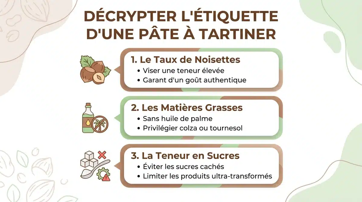 Infographie expliquant comment décrypter l'étiquette d'une pâte à tartiner saine sans huile de palme.