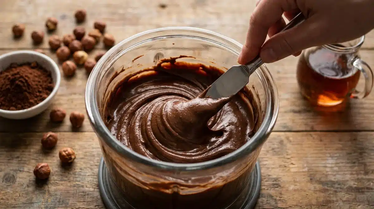 Préparation maison d'une pâte à tartiner chocolat noisette onctueuse dans un blender pour une alternative au Nutella.