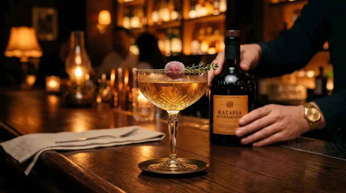 Cocktail sophistiqué au ratafia de Champagne dans une coupe en cristal sur un bar luxueux en bois sombre.
