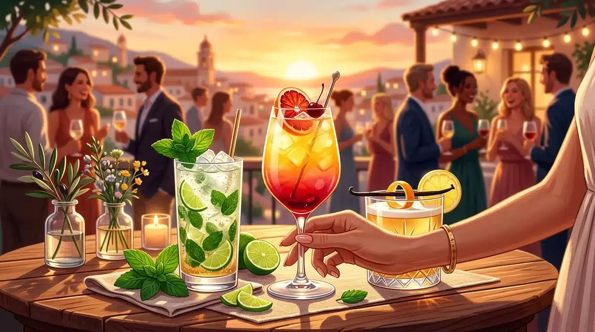 Cocktails au ratafia de Champagne : mojito, sunrise et short drink servis lors d'un apéritif au soleil couchant.