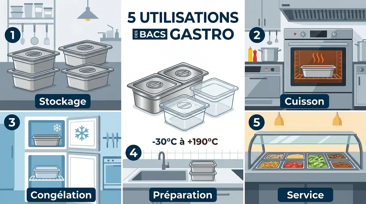 Infographie sur les 5 utilisations du bac gastronorme : stockage, cuisson, congélation, préparation et service.