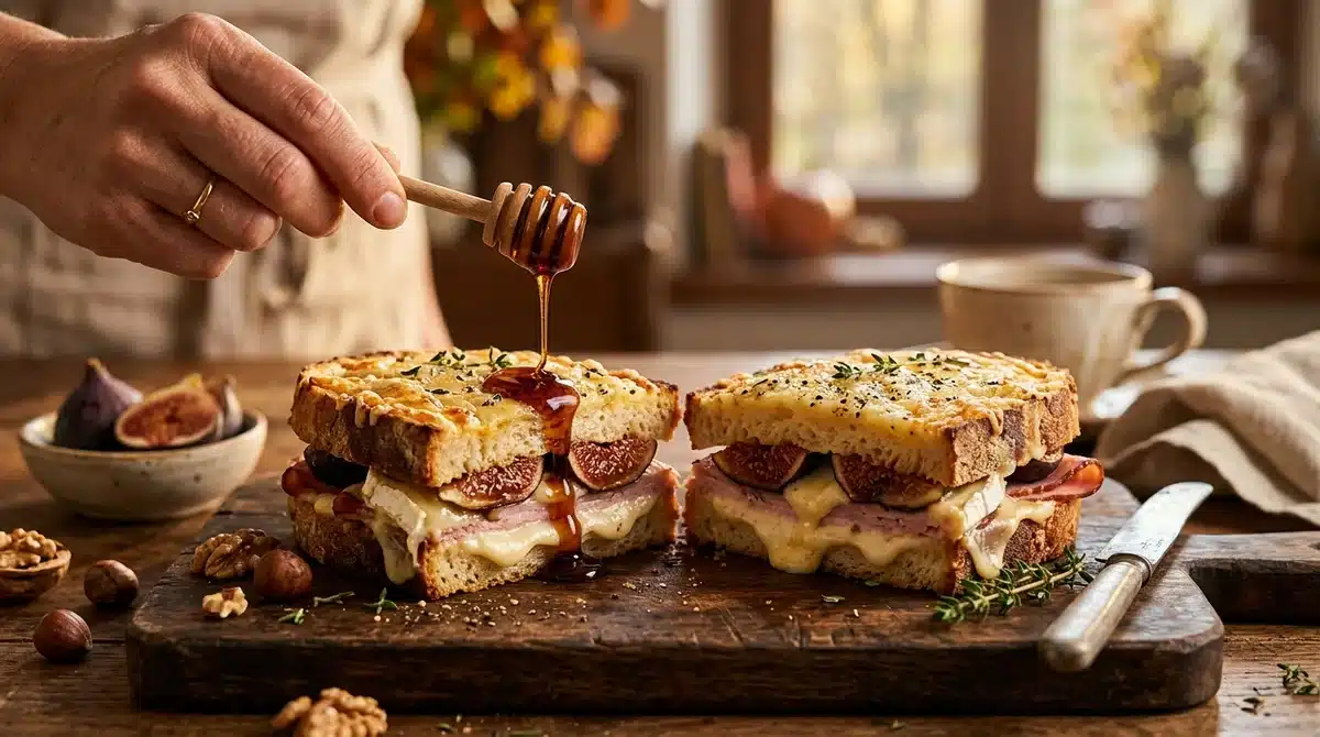 Croque-monsieur d'automne au fromage de chèvre Pélardon, figues rôties et filet de miel sur pain au levain.