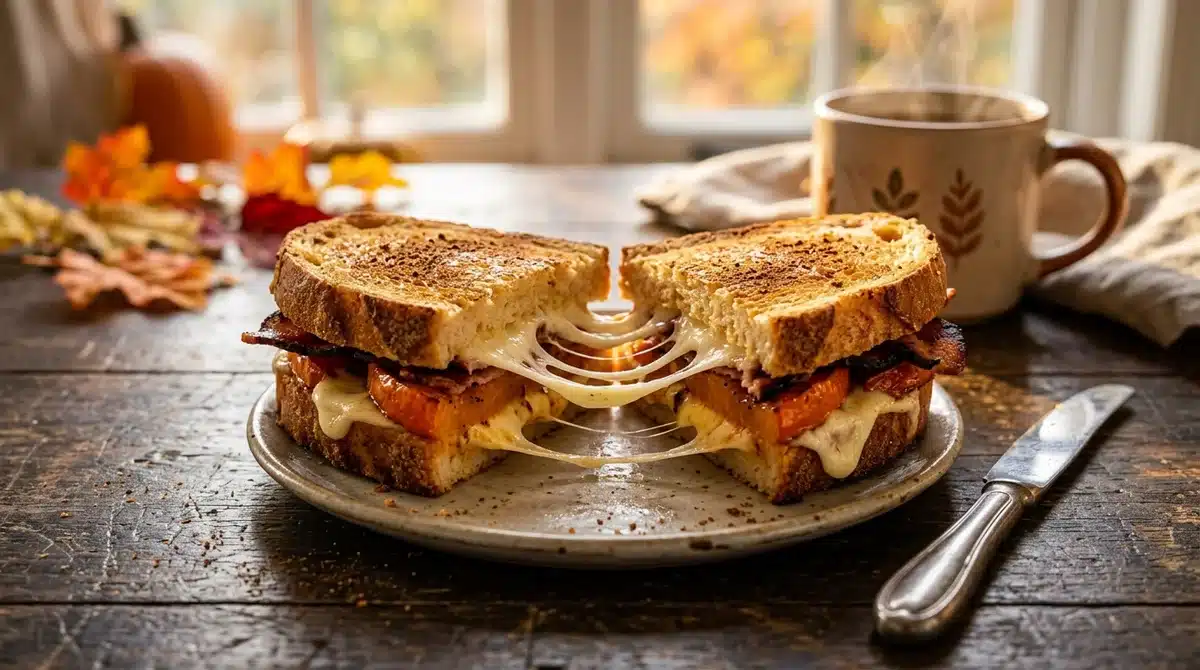 Croque-monsieur d'automne gourmand au potiron, bacon et mozzarella fondante, servi sur une table rustique en bois.