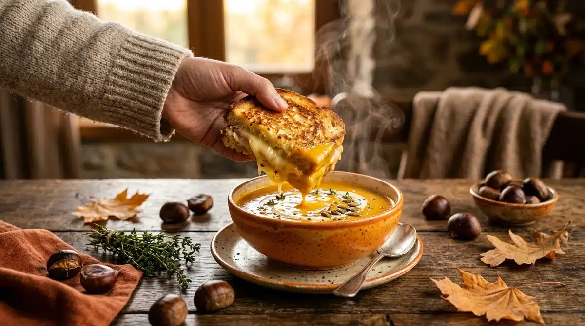 Croque-monsieur croustillant trempé dans un velouté de potiron et châtaignes, recette d'automne gourmande.