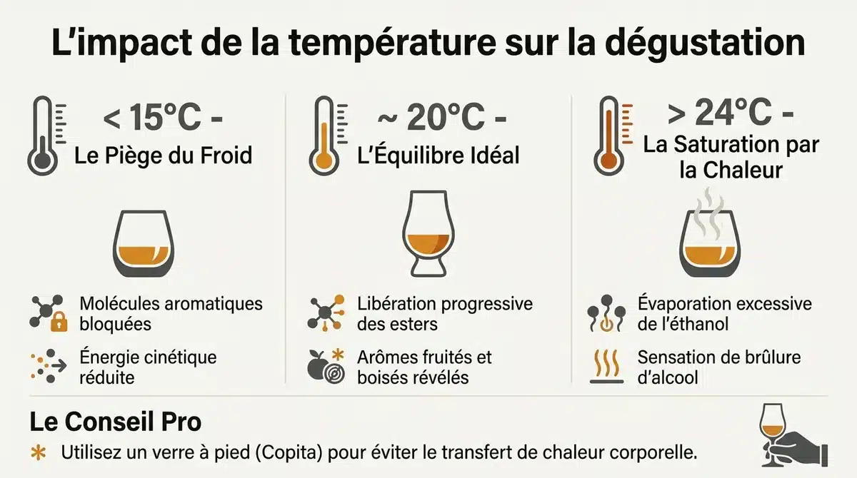 Infographie expliquant l'impact de la température sur les arômes du whisky entre 15 et 24 degrés.