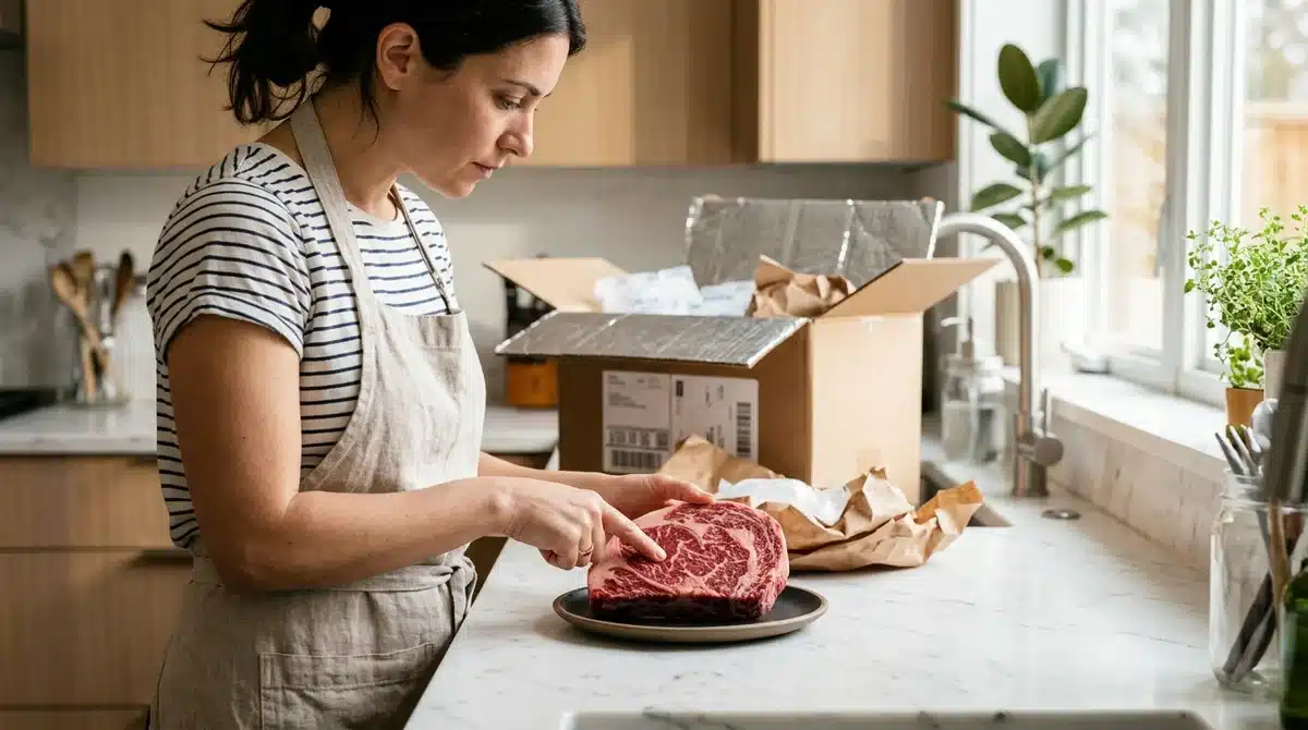 Client vérifiant la qualité d'une viande de boucherie en ligne : texture et persillage d'une entrecôte.