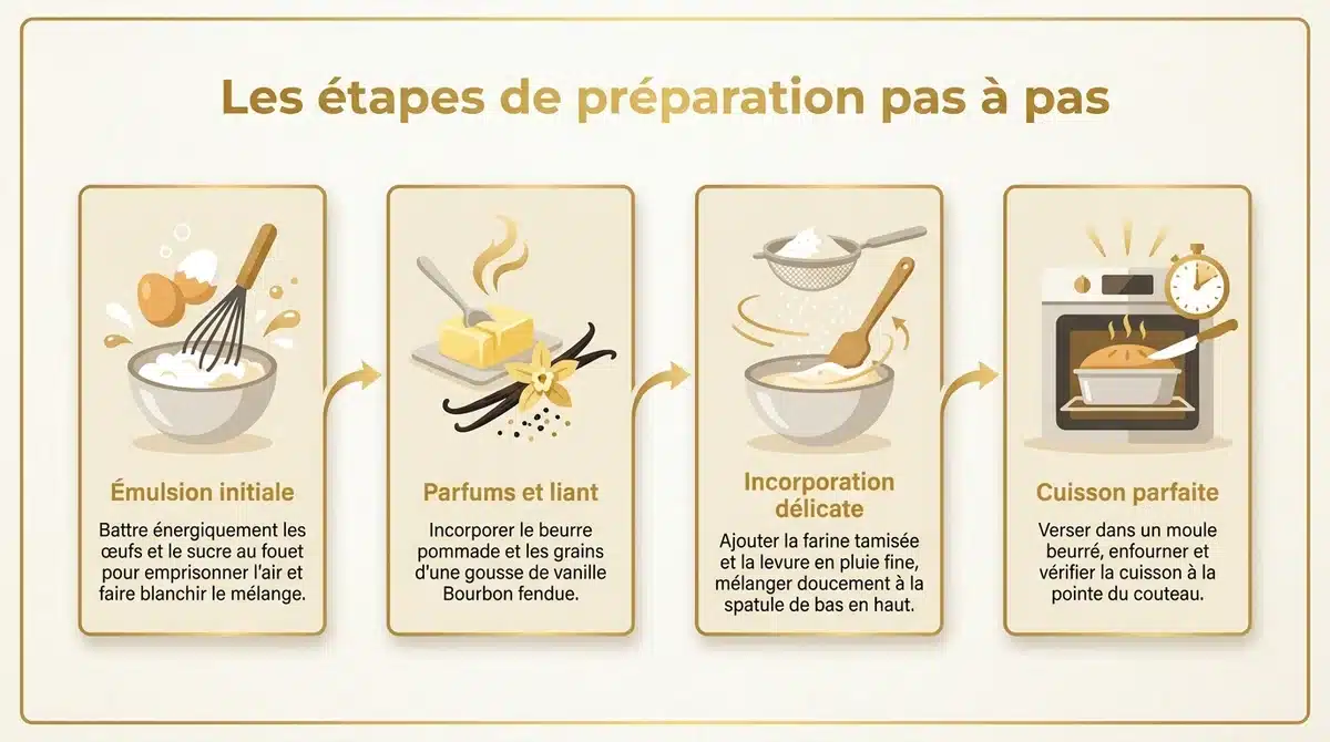Infographie des étapes de préparation pour réussir un gâteau moelleux à la vanille parfait.