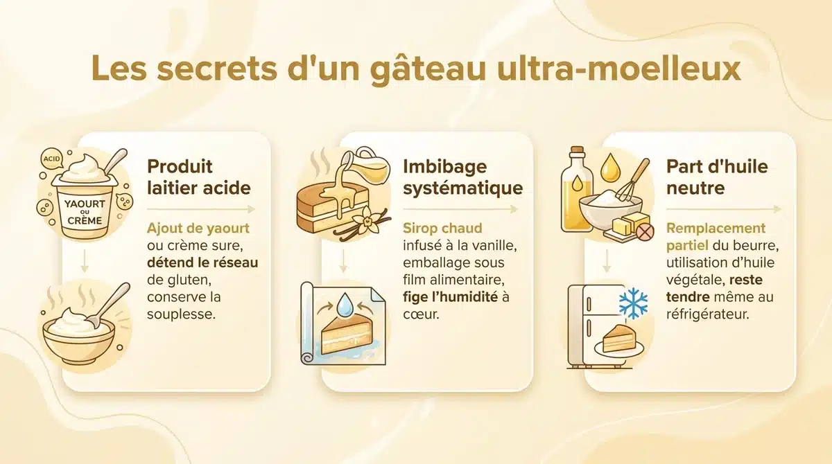 Infographie présentant les 3 secrets professionnels pour obtenir un gâteau à la vanille ultra-moelleux.