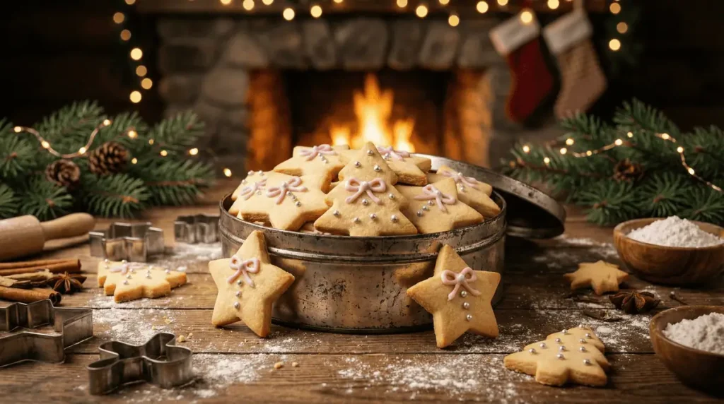 Sablés de Noël 2025 dans une boîte en fer vintage avec décoration tendance coquette et glaçage royal
