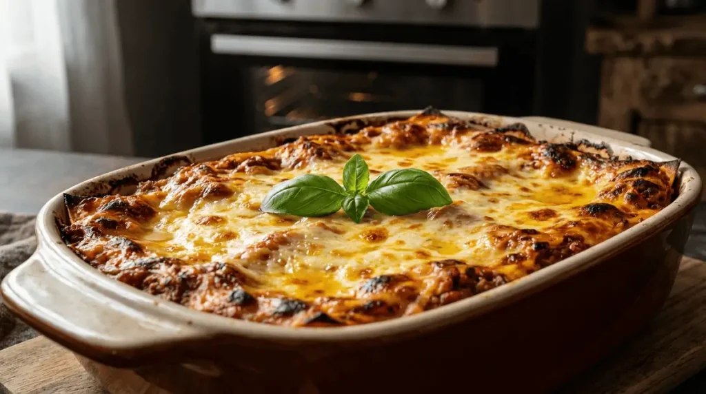 Plat de lasagnes à la bolognaise gratiné sortant du four avec fromage fondu et basilic.