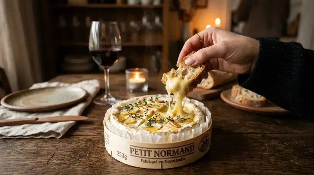 Camembert au four fondant avec miel et thym, servi avec du pain croustillant dans une ambiance chaleureuse.