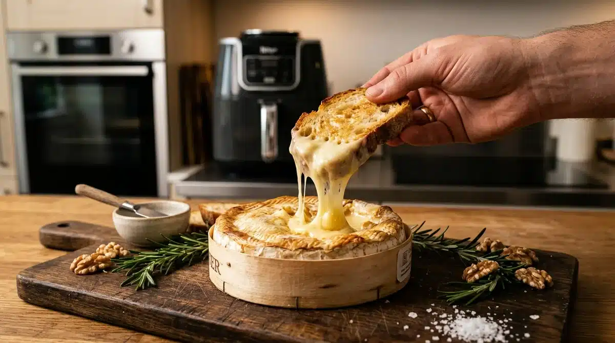 Camembert au four coulant avec pain grillé, cuisson parfaite au four ou air fryer, romarin et noix.