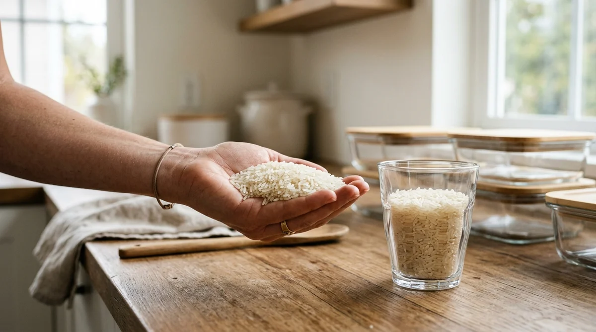 Dosage de riz par personne : main remplie de riz et verre doseur pour mesurer les grammes de riz cru.